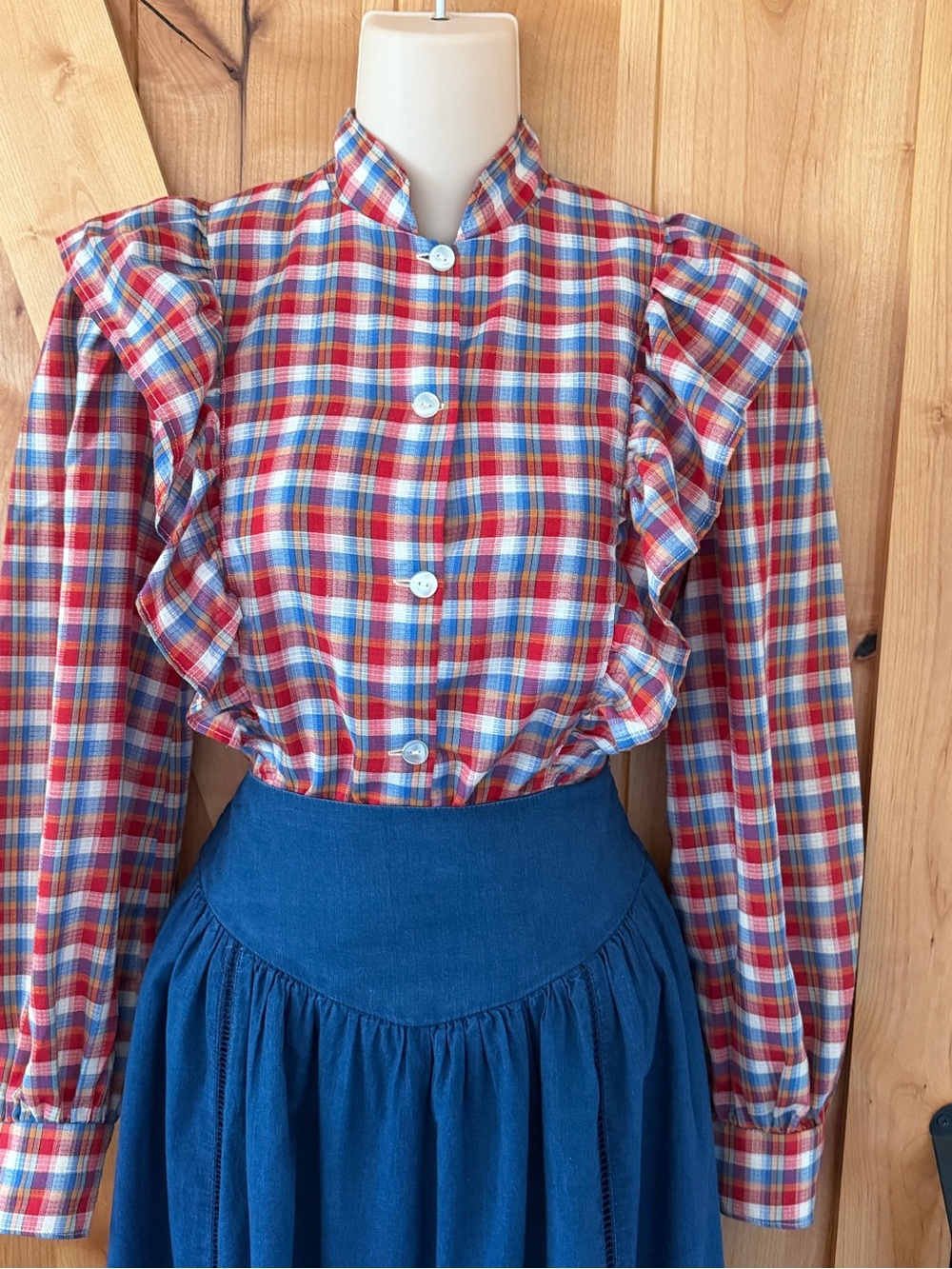 *SOLD* VTG 80s Handmade Plaid Ruffle Blouse Cottagecore Prairie Romantic, S - Picture 3 of 14
